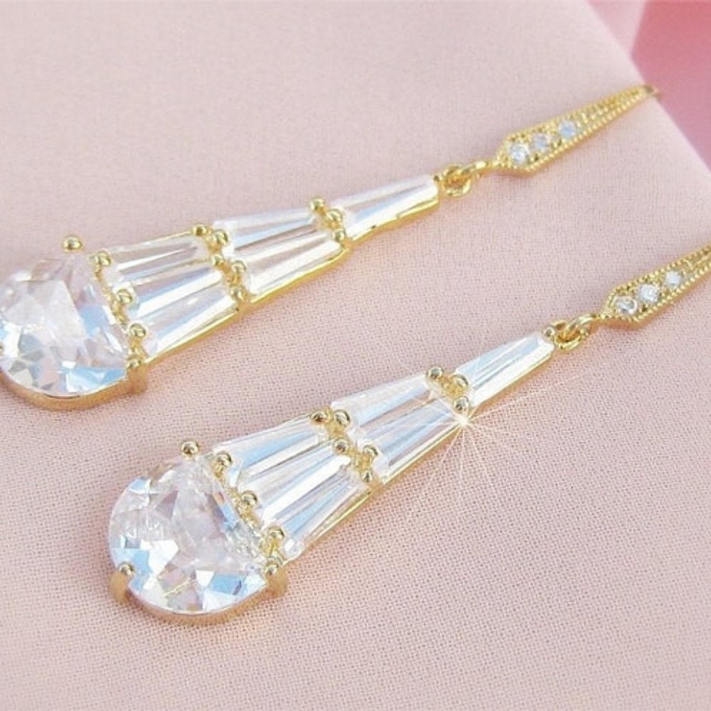 Glamorous Cubic Zirconia Diamond Drop Earrings Gold - Picture 2 of 10